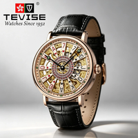 TEVISE Herren Automatik-Mechanikuhr mit rundem Gehäuse aus Legierung, Lederarmband, wasserdicht 3BAR