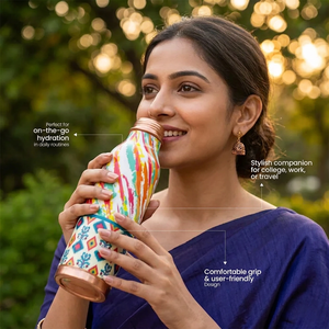 Premium Contoured Enamel Printed Pure Copper Water <b>Bottle</b> Vibrant Abstract Ikat Pattern Leak-Proof Ayurvedic Health Sports <b>Flask</b> - Product Image 4