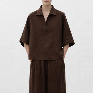 Nouveaux modèles OEM, chemise polo de style oversize, chemise <span class=keywords><strong>en</strong></span> lin décontractée tissée pour femmes - Product Image 1