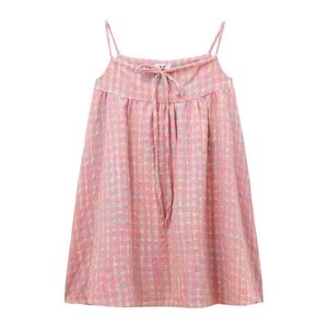 Korean Style Pink Plaid Spaghetti Strap Dress Loose Waist Daily Casual Dress Polyester Fabric Simple Design - Product Image 5
