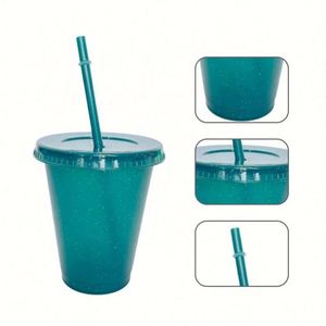 Gobelet à bière en plastique sans BPA de 16 oz avec logo personnalisé, paille intégrée, surface unie translucide à paillettes pour le camping et les fêtes - Product Image 2