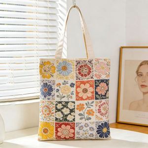 Custom Logo Eco-Friendly Calico Cloth <b>Bag</b> Reusable Grocery Cotton Canvas Tote <b>Bag</b> with Pockets - Product Image 2
