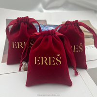 Tas Penyimpanan Lipstik Parfum Beludru Mewah dengan Tali Serut, Logo Custom, Cetak Merah, Pouch Perhiasan Kalung Anting dari Beludru Poliester