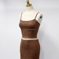 Tenues sexy V160 pour femmes, ensemble deux pièces marron avec strass, robe luxueuse scintillante avec diamants