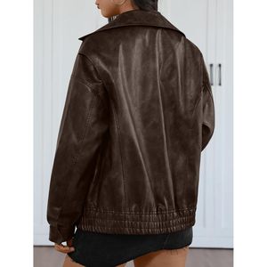 Women's Oversized Faux <b>Leather</b> Bomber <b>Jacket</b> Full Sleeve Windproof Autumn <b>Winter</b> Spring Coat - Product Image 4
