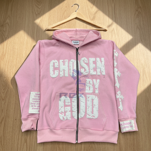 Sudadera con Capucha Rosa Pikokong con Estampado 'Chosen By God', Cierre Frontal con Cremallera, Unisex, Informal, para Otoño, Corte Regular, 100% Algodón French Terry - Product Image 1