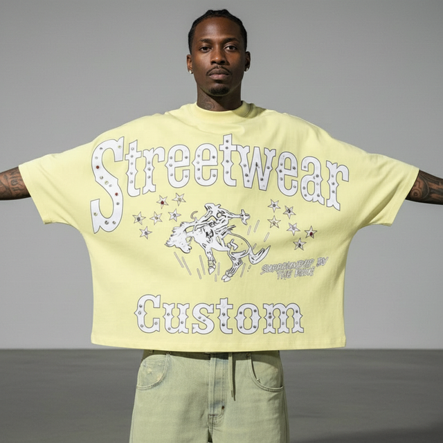 Manufacturer Custom 100% Cotton Heavy Weight T Shirt Hip Hop Rhinestone Tee Graphic Oversized Boxy Style T-Shirts