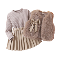 Ensemble pour enfants, chemise rayée, jupe plissée en cuir PU, gilet en fourrure, vêtements d'hiver pour enfants, ensembles de vêtements pour filles, vêtements pour bébés