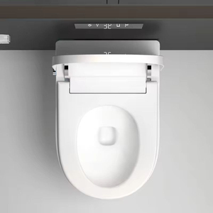 Cuvette de toilettes murale allongée moderne de 58 cm en céramique sans bride avec télécommande, siphon en P, siège à fermeture douce et gain de place - Product Image 5