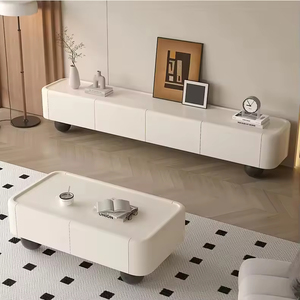 Meuble TV moderne en bois massif avec plateau en pierre de style crème, blanc, personnalisable pour salon - Product Image 6