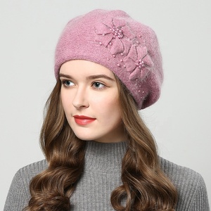 Bán Buôn Mùa Thu Mùa Đông Thỏ Lông Beret Beanie Cap Phụ Nữ Cũ Phụ Nữ Phụ Nữ Mới Hai Lớp Dệt Kim Ấm Beret <span class=keywords><strong>Hat</strong></span> Với Ngọc Trai Hoa - Product Image 6