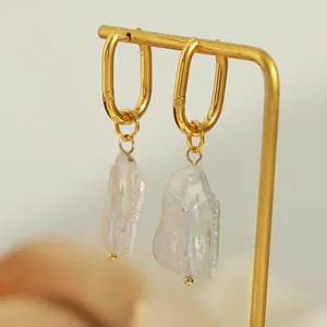 Designer Big Freshwater Pearl Dangle Earrings Hypoallergenic 18K Gold Plated Stainless Steel Huggie Hoop Earrings Jewelry