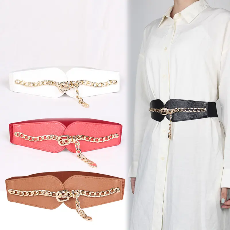 Cinturones elásticos de cuero PU para mujer, cinturones a la moda de talla grande con cadena gruesa dorada