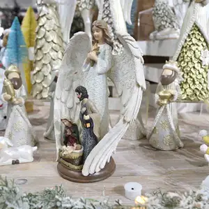 Religious Catholic Mary Joseph Baby Jesus Polyresin Nativity Guardian Angel Figurine With Holy Family Statue