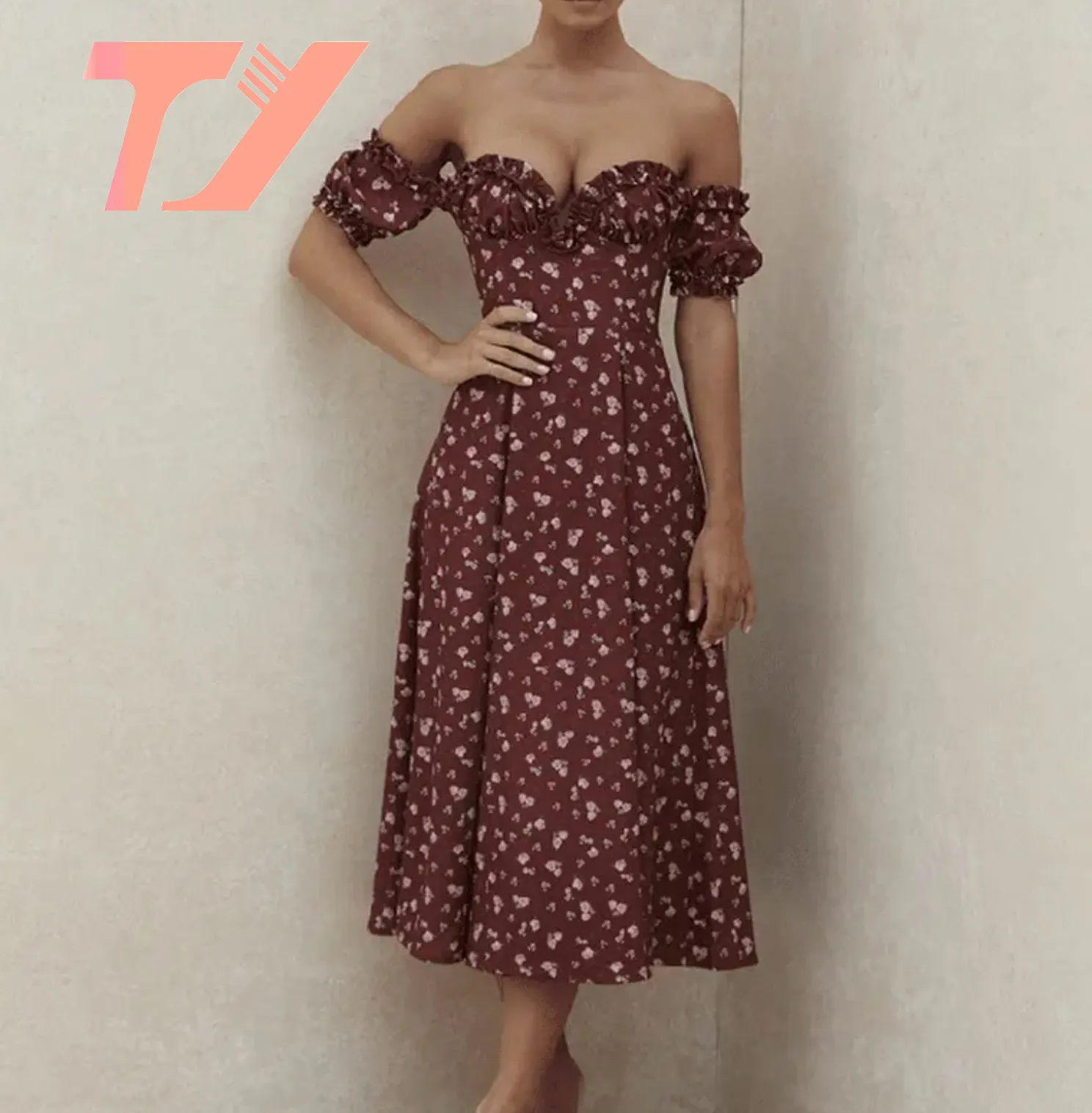 TUOYI Ventas al por mayor Vintage Nuevo estilo Mujeres Floral Impreso Una línea Hombro Manga con volantes Playa Sexy Fuera del hombro Vestido largo