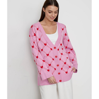 Cardigan élégant anti-rides en coton et polyamide pour jeunes femmes, rose, avec motifs cœurs mignons et poches