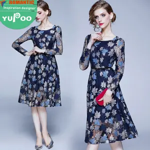 中国制造欧式新时尚修身优雅蓝色一线条圆领长袖女士性感蕾丝名人连衣裙