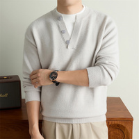 Pull en maille col Henley pour homme, 700G, épais, col en V, manches longues, logo frontal, gris foncé, noir, gris clair
