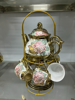 Ensemble de tasses à café et de soucoupes en céramique de luxe de petite taille européenne avec bordure dorée, ensemble de thé de l'après-midi pour la maison avec porte-tasses