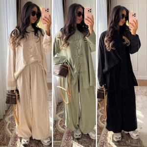 Conjunto de 2 Piezas para Mujer, Estilo <span class=keywords><strong>Chino</strong></span>, Blusa de Manga Larga con Botones Tipo Rana y Pantalones Anchos, Conjunto Casual Holgado para Ropa de Calle - Product Image 3