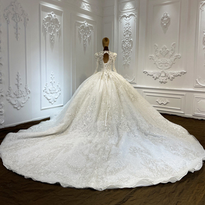 Jancember LSCJ27 Bling Lace Fabric Manga larga Cuello en V Lentejuelas Puffy Ball Gown Vestidos de novia - Product Image 5