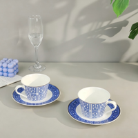 Ensemble élégant de tasses et soucoupes en porcelaine fine bleue à motifs géométriques, 2 tasses 2 soucoupes, bordure argentée, style vintage, pour café et thé, décoration d'intérieur, cadeau