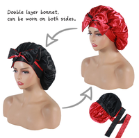 Bonnet en satin, bonnet en soie, bonnet pour dormir, double couche, grand bonnet en satin avec bande de maintien, bonnet de nuit pour femmes, noir