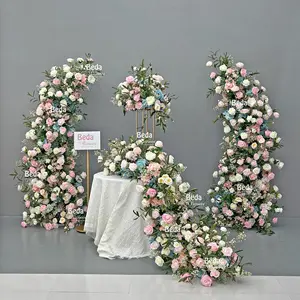 Beda venta al por mayor tela rosa y blanco flor arco telón de fondo para boda o fiesta y otros eventos decoración flor corredor