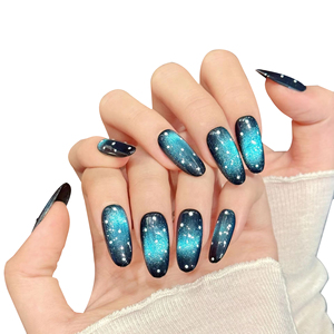 Faux <span class=keywords><strong>ongles</strong></span> à presser effet ciel étoilé bleu dégradé, bleu noir, paillettes <span class=keywords><strong>blanches</strong></span>, motif ciel étoilé, pour les <span class=keywords><strong>mains</strong></span>, effet rêve - Product Image 1