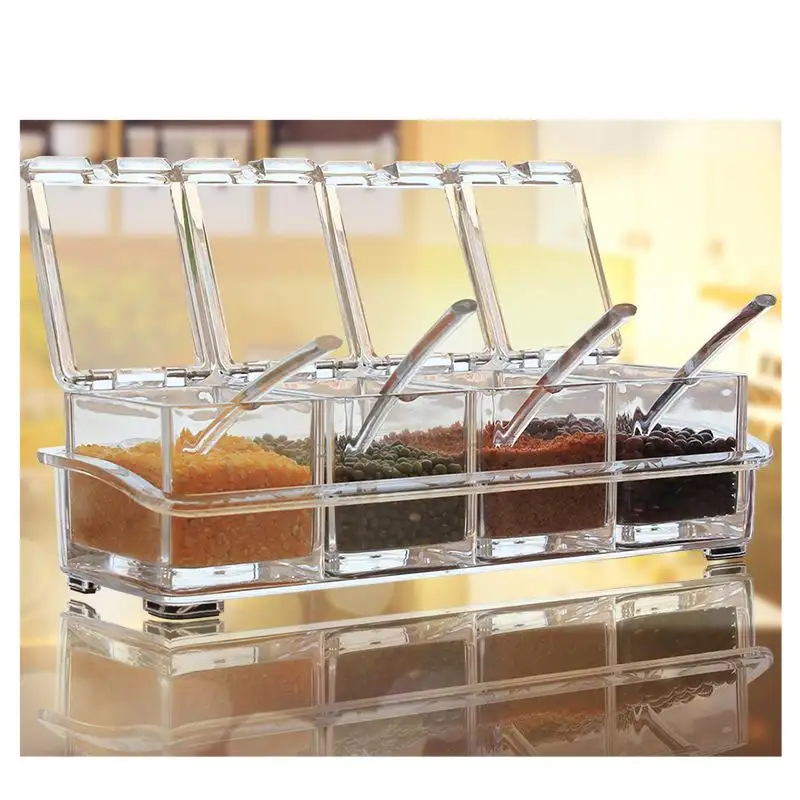 Clear Seasoning Box with Spoon - Kitchen Spice Pots - Storage Containers Condiment Jars Clear Spice Jars with Cover