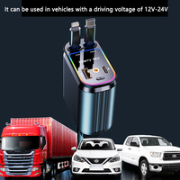 Cargador Retráctil para Teléfono Móvil de Coche con Cables Dobles Retráctiles, Luz Ambiental Superior con Diseño de Cielo Estrellado, 4 en 1