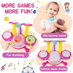 Juguetes de Instrumentos Musicales Electrónicos con 2 Baquetas, Luces Intermitentes y Micrófono Ajustable para Niños, Set de Batería - Product Image 3