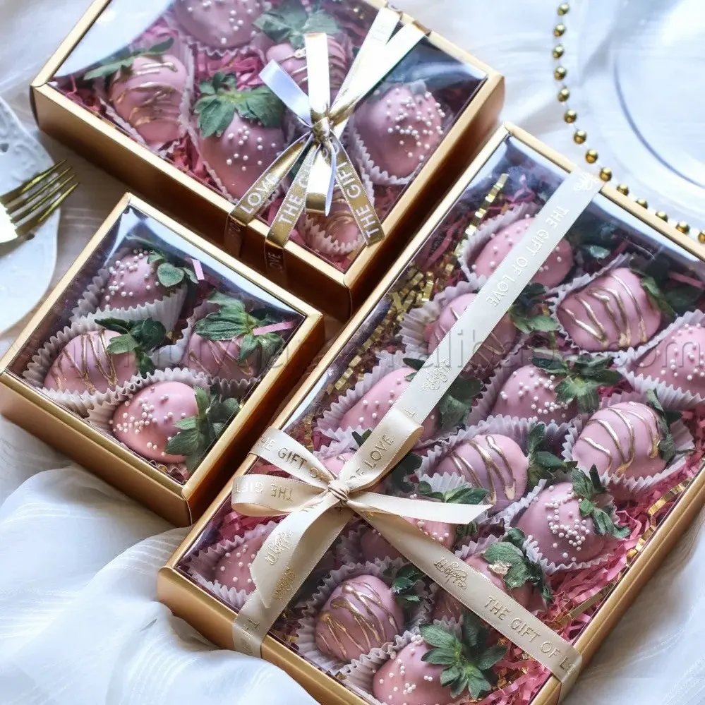 Versand fertige goldfarbene durchsichtige PVC-Plastik box für Erdbeer schokoladen papier box mit Fenster
