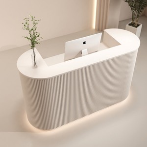 Minimalist Reception <b>Desk</b> Concrete Wood Finish Modern LED Light <b>Office</b> Lobby Hotel Beauty Salon Front Counter - Product Image 1