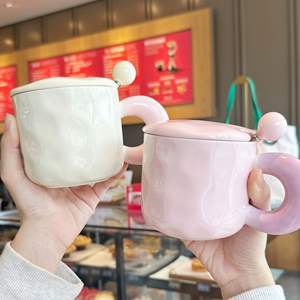 Ceramic <b>Mug</b> With Lid And Spoon Solid Color Minimalist Design For Couple Household Drinking Cup Creamy Tone <b>Mugs</b> - Product Image 3