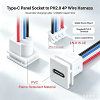Conector de Panel USB-C Blanco LN-015, Tipo-C Hembra Reversible con Cable Preconectado PH2.0 de 4 Pines, 15CM, 24AWG