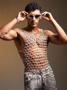 Gilet da uomo fatto a mano in maglia metallica, gioiello per il corpo, senza maniche, <span class=keywords><strong>con</strong></span> <span class=keywords><strong>perline</strong></span>, per Rave, Club, Feste, Stile Rete di Perle - Product Image 3