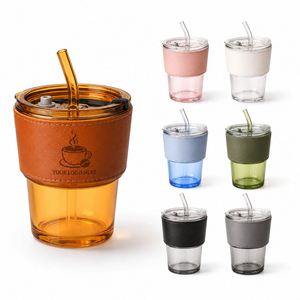 Custom Logo 400ml Glass Coffee <b>Cup</b> with PU Leather Sleeve <b>Reusable</b> Drinking Tumbler with Straw and Lid for Promotional Gifts - Product Image 1