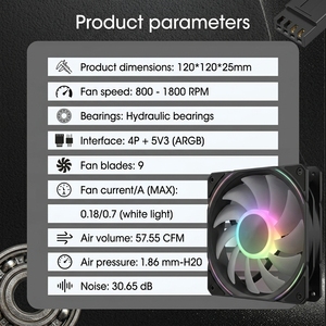 Ventilateur de boîtier ARGB 120 mm, ventilateurs de boîtier d'ordinateur silencieux PWM, refroidissement haute performance, ventilateur <span class=keywords><strong>CPU</strong></span> pour boîtier d'ordinateur - Product Image 5