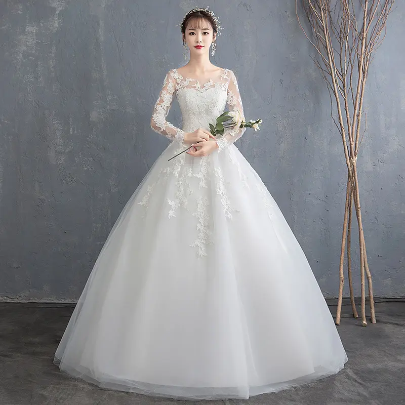 2021 New Design Bridal Long Sleeve Embroidered Lace Bodice Vintage Ball Gown Floor Length Elegant Simple Wedding Dress