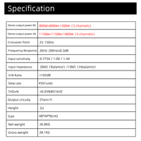 Vente d'usine, amplificateur de puissance audio professionnel de haute qualité classe H 3 canaux 800W 800W 1200W pour système de haut-parleurs et caisson de basses