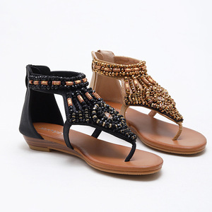 Black T-Strap Flat <b>Sandals</b> With Bead Decoration Open Toe Summer Women Shoes Breathable Faux Leather Slip-On Elegant Style - Product Image 4