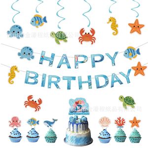 Ensemble de décoration d'anniversaire sur le thème de l'océan, décorations de gâteau en papier, cartes suspendues, accessoires de scène pour fête d'anniversaire de 2 à 4 ans - Product Image 1