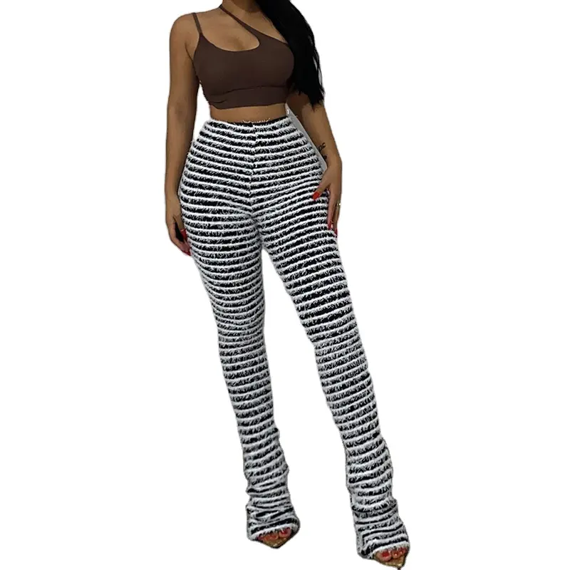 Black and White Striped Knitted Stacked Pants Women Bottoms 2023 Streetwear Extra Long High Waist Flare Pants
