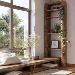 Custom Vintage Elm Wood <strong>Corner</strong> Storage - <strong>Rustic</strong> Minimalist <strong>Shelving</strong> for Tea Displays - Product Image 1