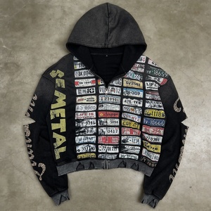 Sweat à capuche zippé pour homme en coton épais gaufré, style streetwear de haute qualité, coupe ample, effet vieilli et délavé à l'acide, avec motifs graphiques - Product Image 1