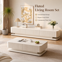 Ensemble de salon cannelé crème avec meuble TV et table basse assortie, design à panneaux texturés, coins arrondis, pour la maison