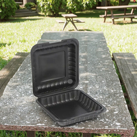Boîtes alimentaires rectangulaires noires jetables à trois compartiments en amidon de maïs, compatibles micro-ondes, 8x8 pouces, GOLD-48, emballage alimentaire