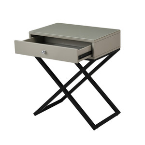 Koda 23 In Taupe Wooden End <b>Table</b> With Glass <b>Top</b> <b>Drawer</b> Metal Cross Base - Product Image 5
