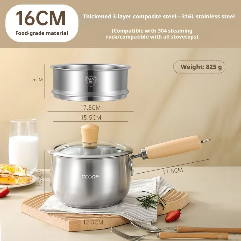 Pot à lait argenté de 16 cm avec grille de cuisson à la vapeur - véritable matériau 304